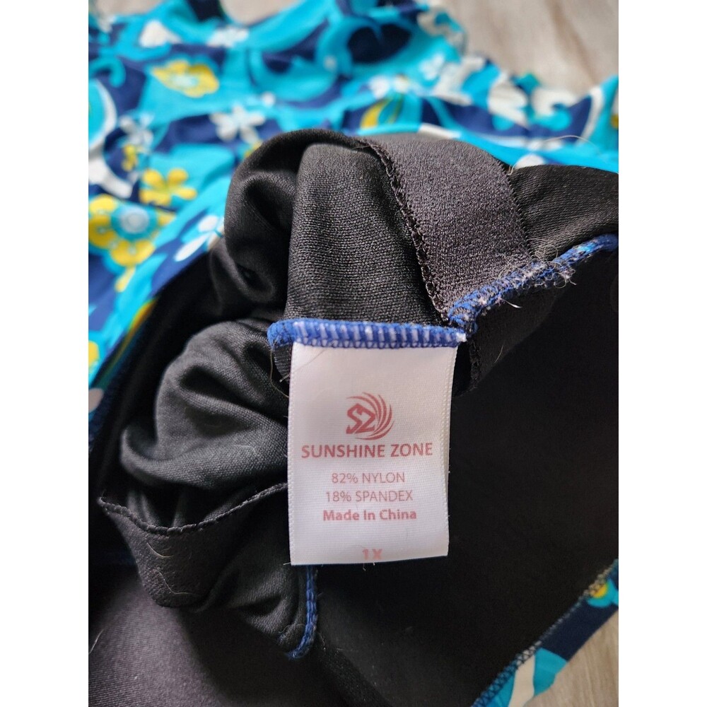 Sunshine Zone One Piece Swim Dress Blue Yellow Floral Adjustable Strap Sz 1X EUC - Picture 4 of 7